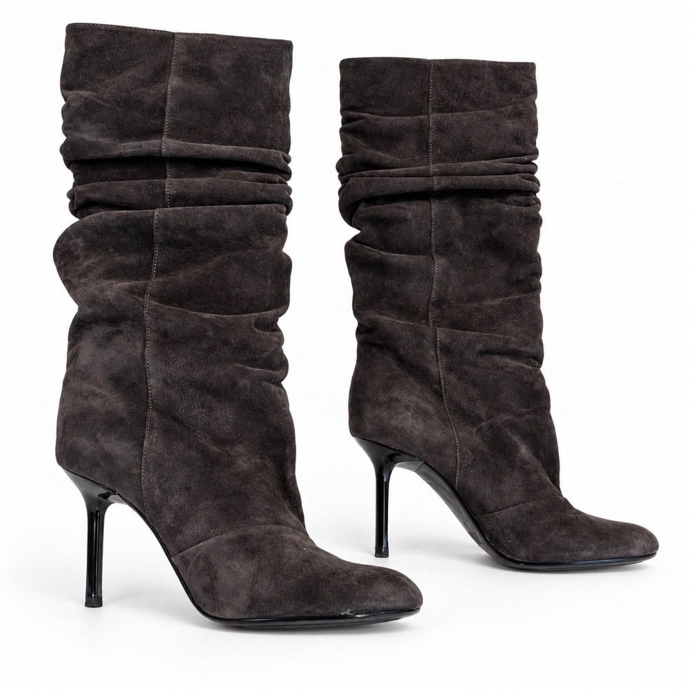 Zara Dark Gray Suede Slouch Knee High Boots 39 US 8 Stiletto Heel
